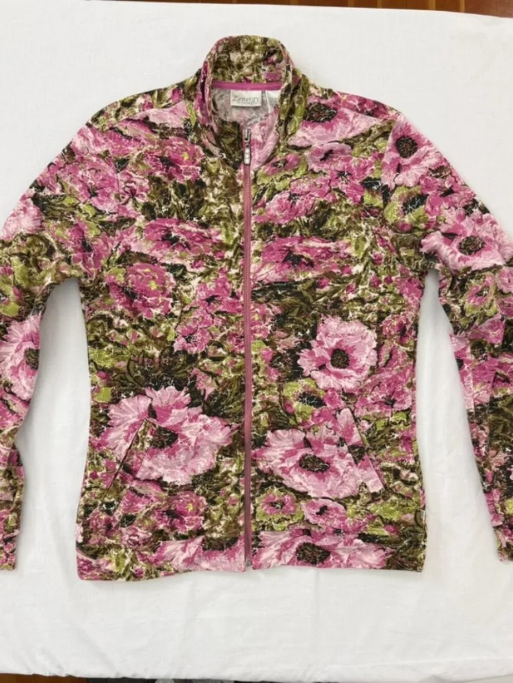 Zenergy By Chico’s Floral Zip Front Jacket Womens 0/Small Rhinestone Zip Stretch - Picture 6 of 15
